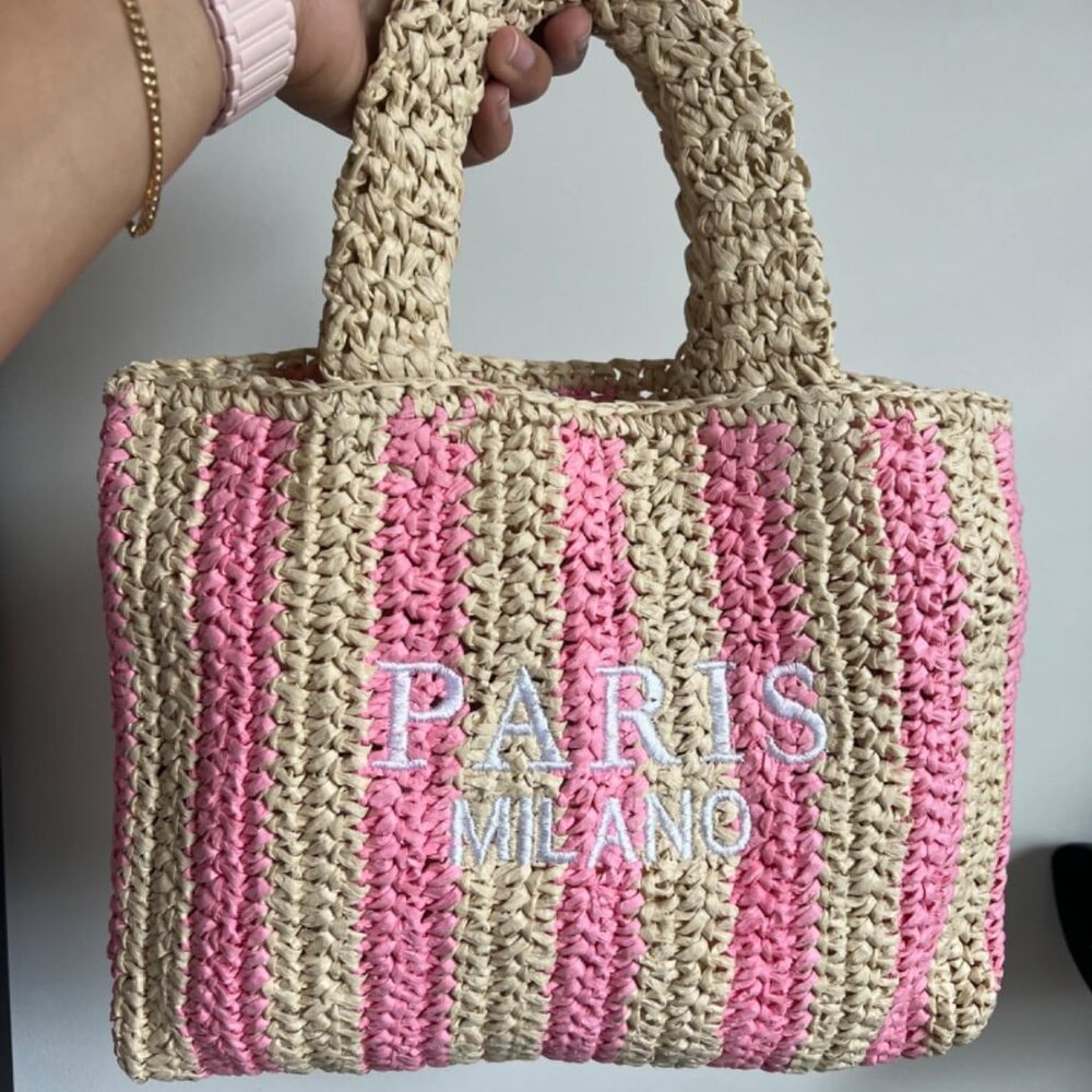 Neiman Marcus Paris Milano Summer Woven Straw Beach Tote Bag